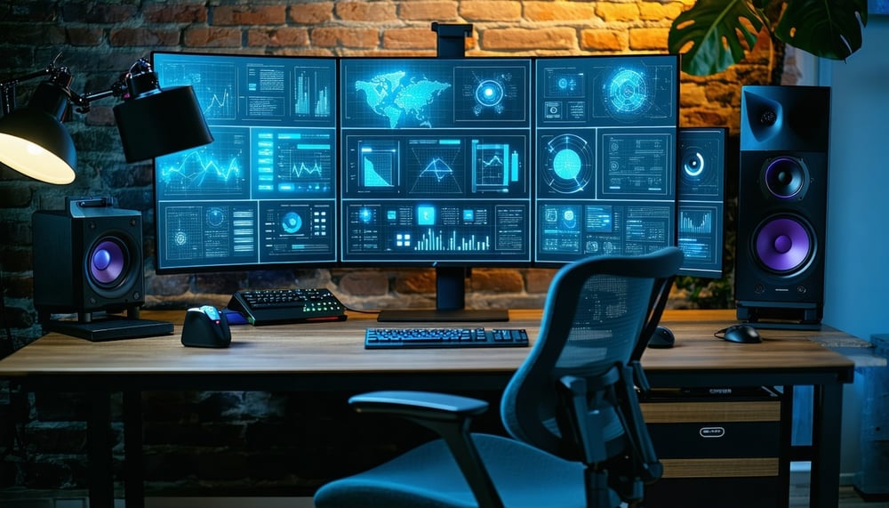 A modern workspace with tech gadgets, software icons, and digital tools A modern workspace with tech gadgets, software icons, and digital tools